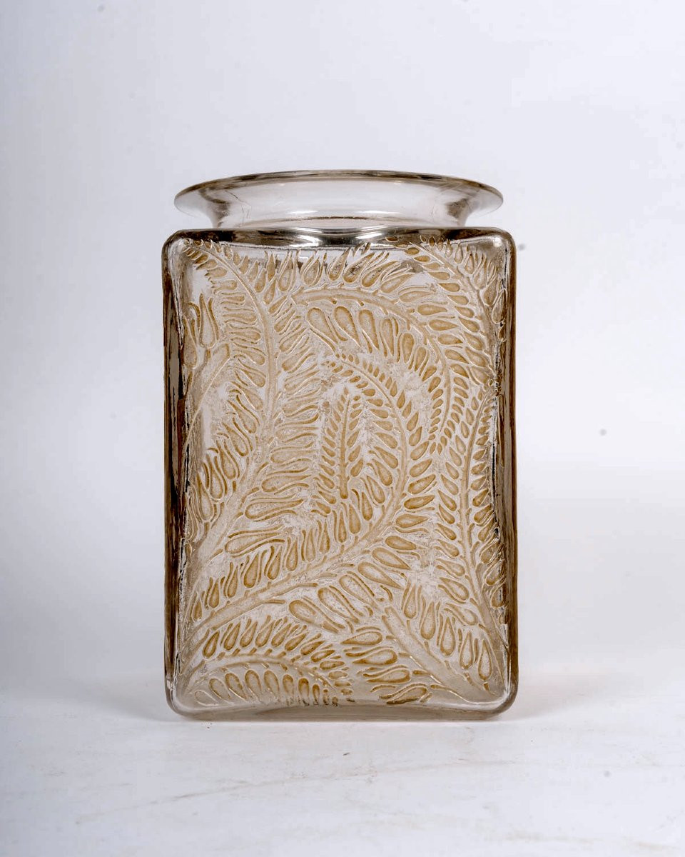 1926 René Lalique - Vase Myrrhis Verre Blanc Patiné Sépia-photo-4