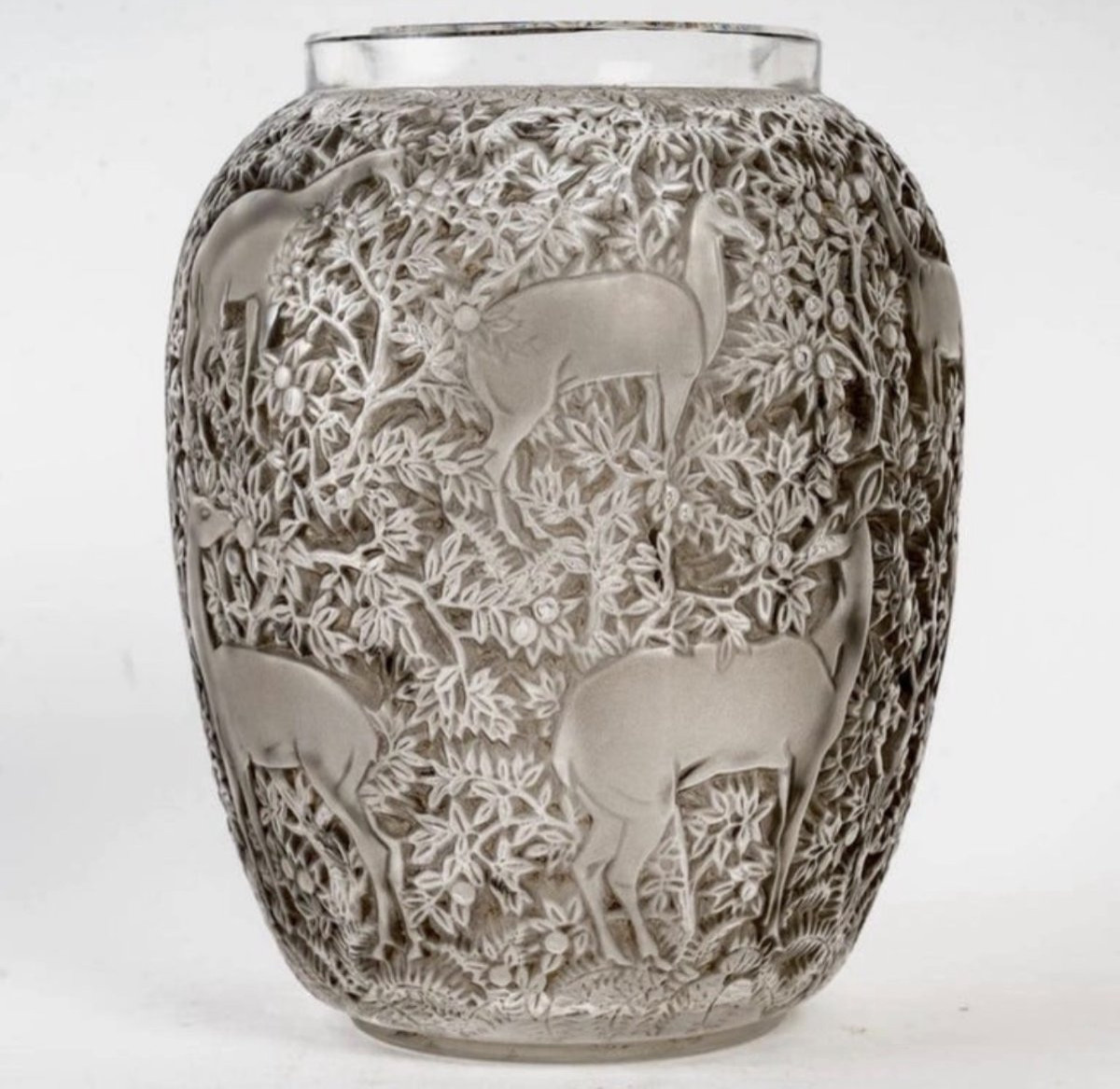1932 René Lalique - Vase Biches Verre Blanc Patiné Gris-photo-2