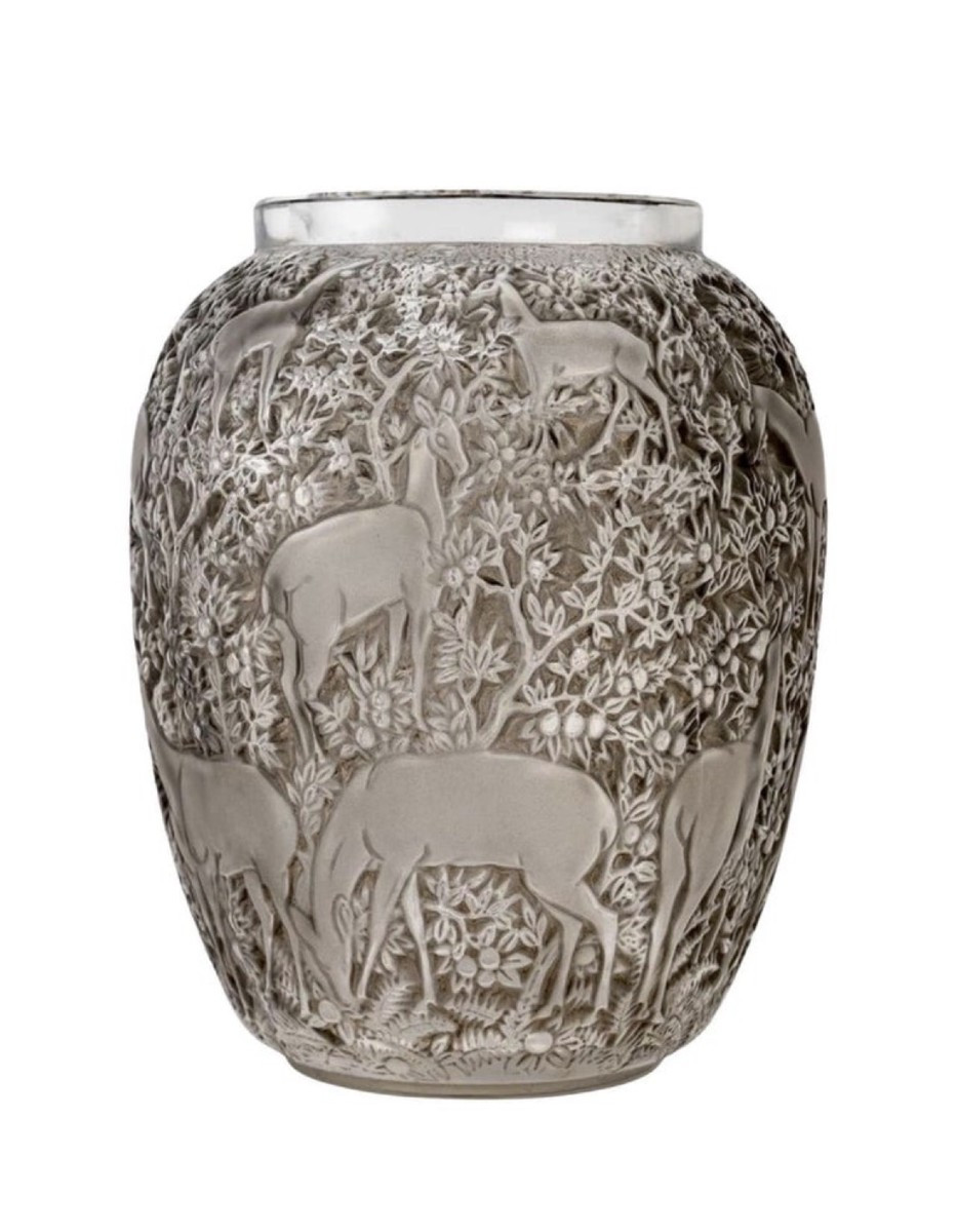 1932 René Lalique - Vase Biches Verre Blanc Patiné Gris