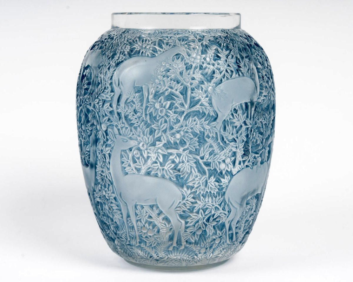 1932 René Lalique - Vase Biches Verre Blanc Patiné Bleu-photo-2