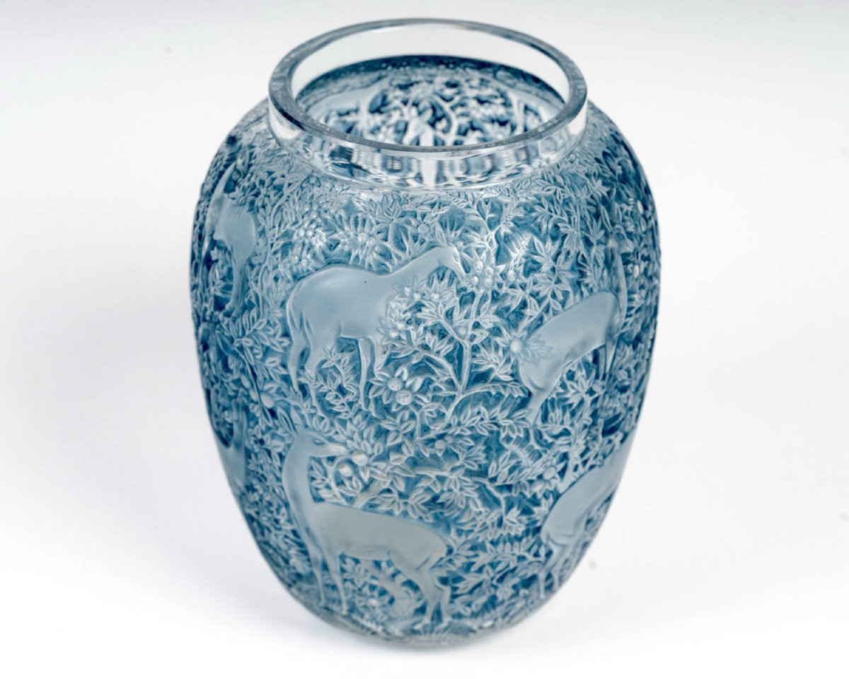 1932 René Lalique - Vase Biches Verre Blanc Patiné Bleu-photo-3