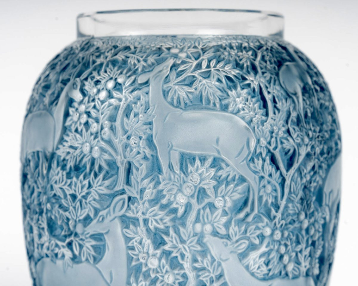 1932 René Lalique - Vase Biches Verre Blanc Patiné Bleu-photo-4