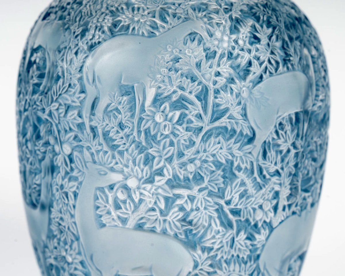 1932 René Lalique - Vase Biches Verre Blanc Patiné Bleu-photo-1
