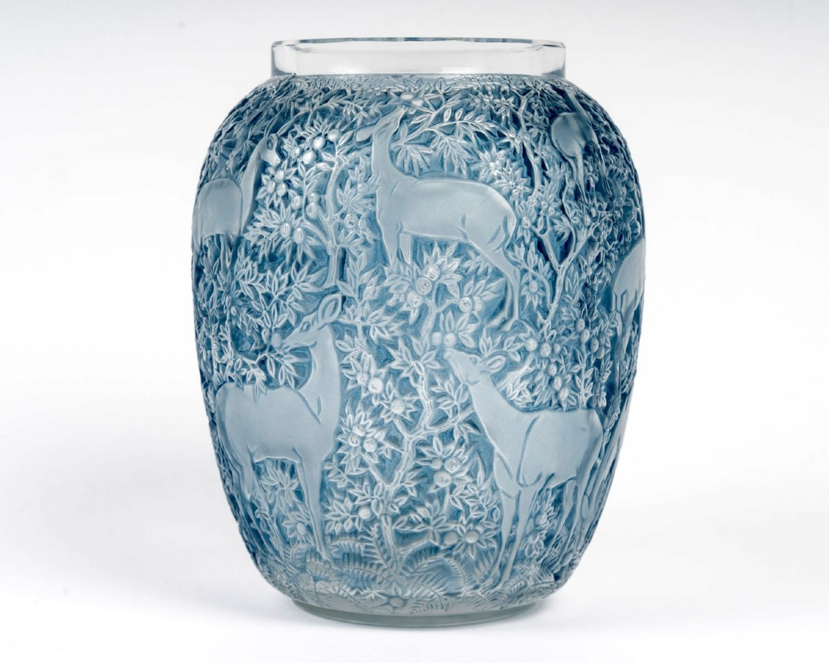 1932 René Lalique - Vase Biches Verre Blanc Patiné Bleu