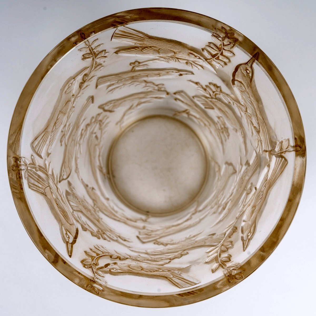 1938 René Lalique - Vase Grives Verre Blanc Patiné Sépia-photo-1