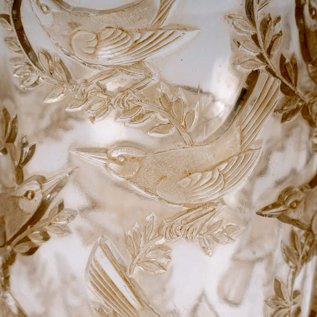 1938 René Lalique - Vase Grives Verre Blanc Patiné Sépia-photo-2