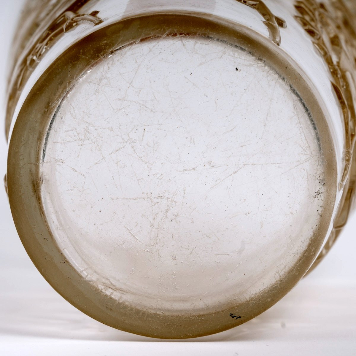 1938 René Lalique - Vase Grives Verre Blanc Patiné Sépia-photo-3