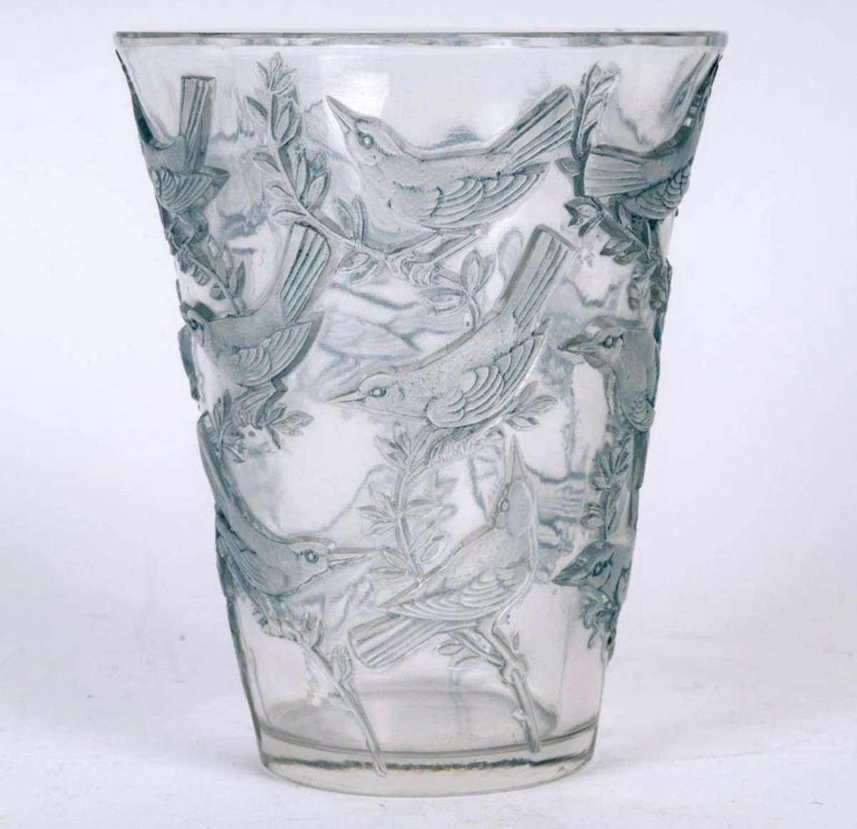 1938 René Lalique - Vase Grives Verre Blanc Patiné Bleu-photo-2