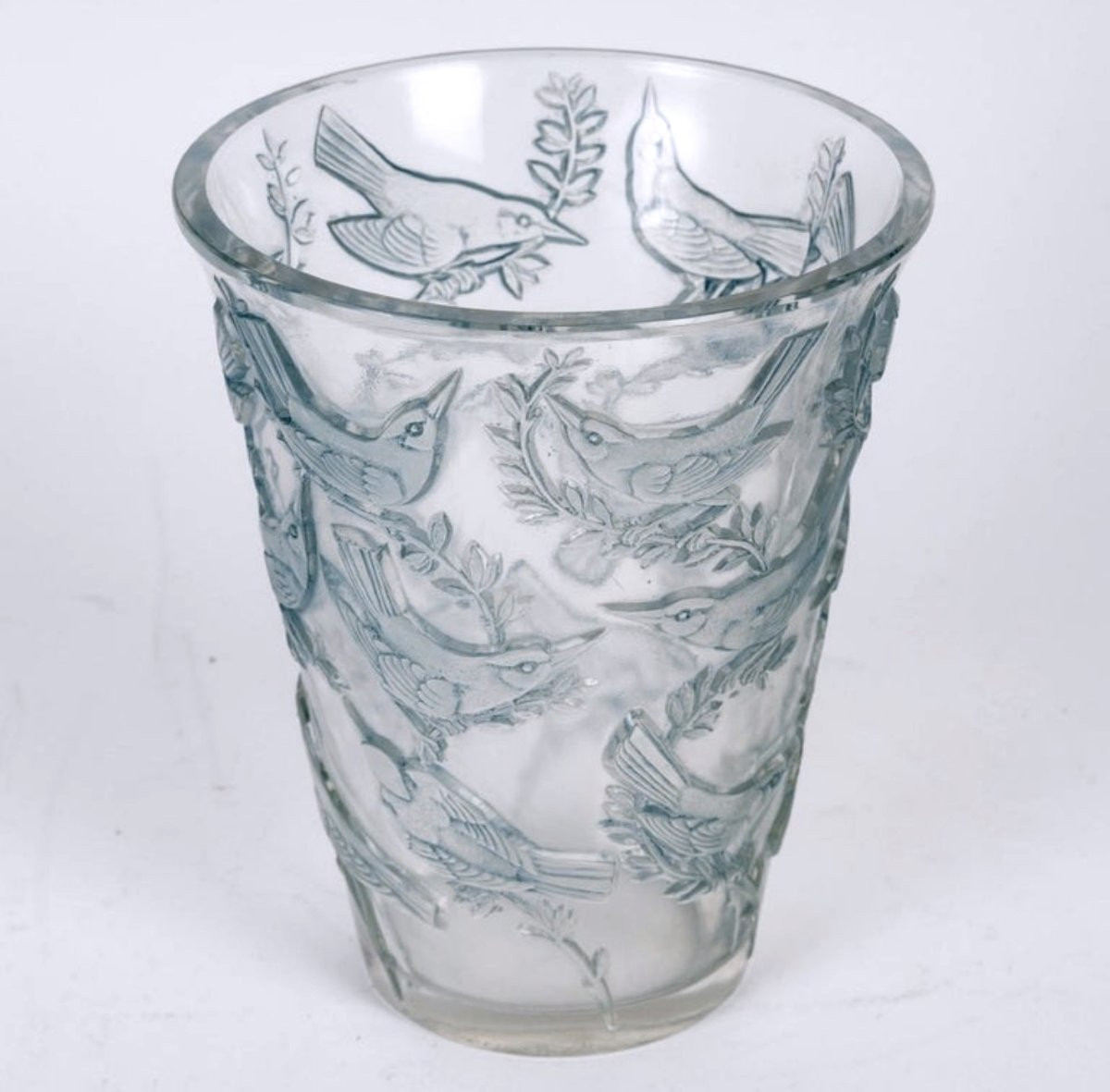 1938 René Lalique - Vase Grives Verre Blanc Patiné Bleu-photo-3