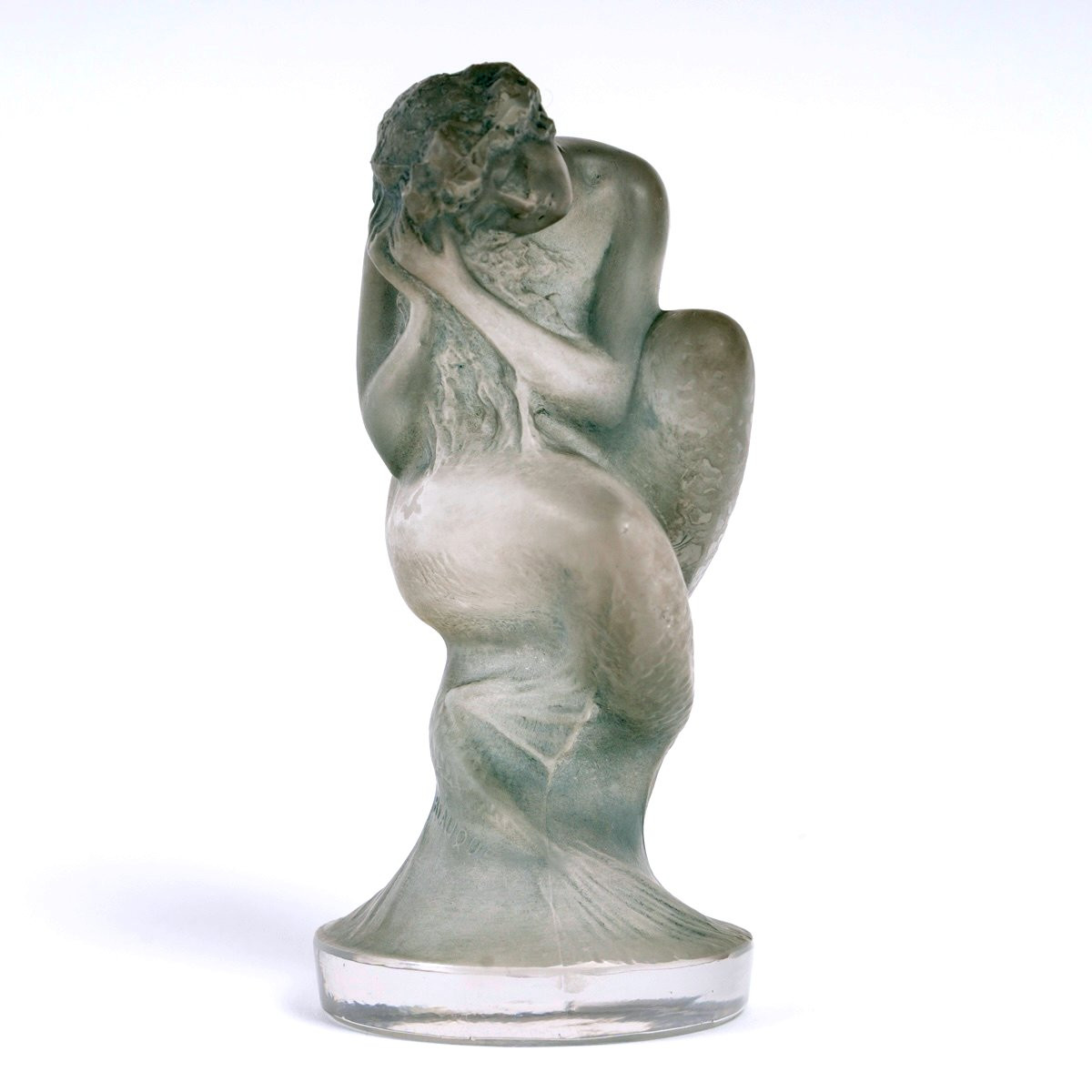 1920 René Lalique - Mascotte Automobile Statuette Sirène Verre Blanc Patiné Bleu Gris-photo-2