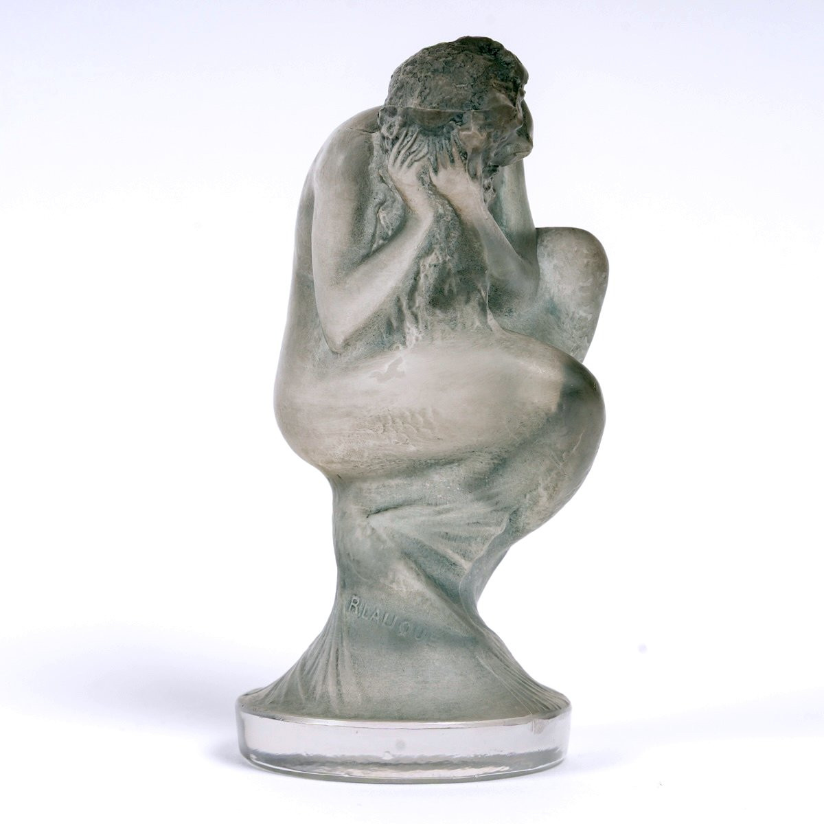 1920 René Lalique - Mascotte Automobile Statuette Sirène Verre Blanc Patiné Bleu Gris-photo-3