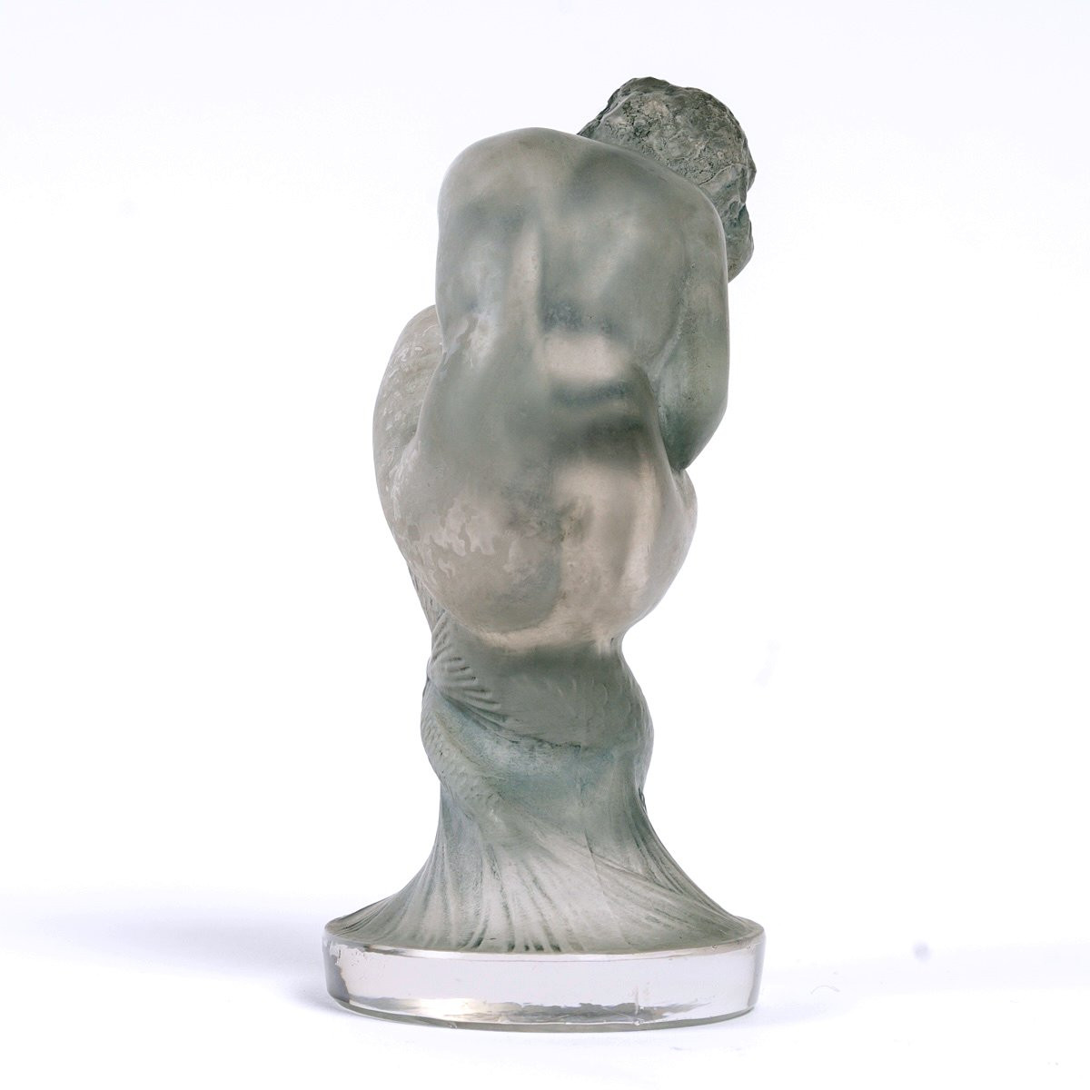 1920 René Lalique - Mascotte Automobile Statuette Sirène Verre Blanc Patiné Bleu Gris-photo-4