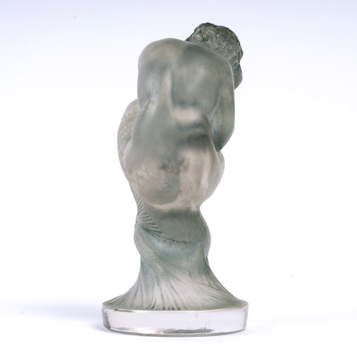 1920 René Lalique - Mascotte Automobile Statuette Sirène Verre Blanc Patiné Bleu Gris-photo-1