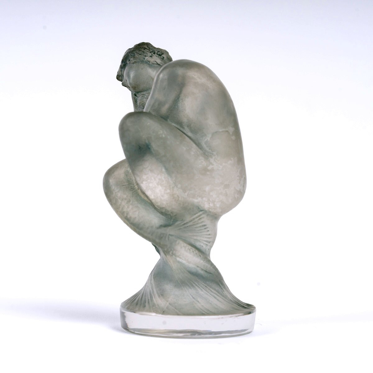 1920 René Lalique - Mascotte Automobile Statuette Sirène Verre Blanc Patiné Bleu Gris-photo-2