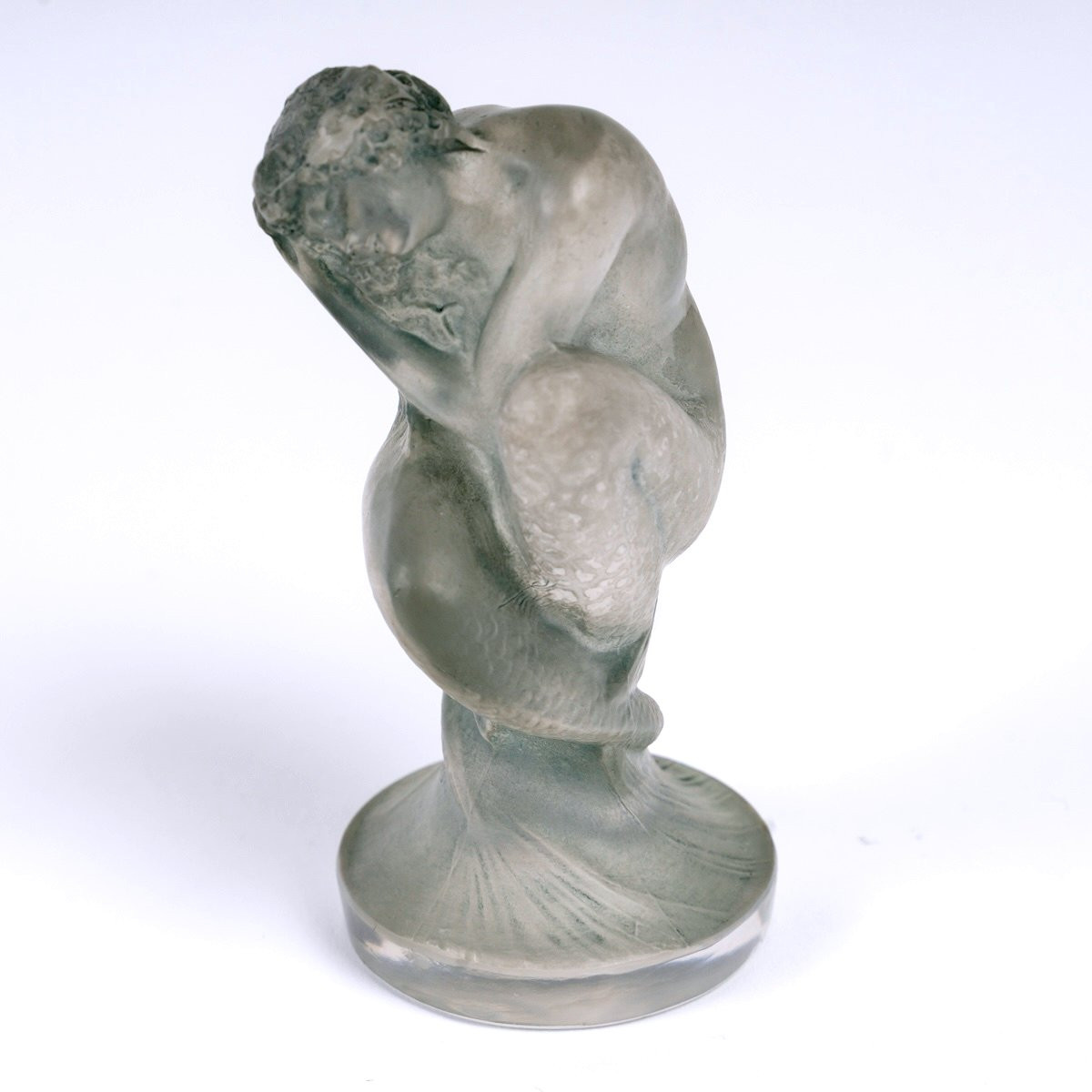 1920 René Lalique - Mascotte Automobile Statuette Sirène Verre Blanc Patiné Bleu Gris-photo-3