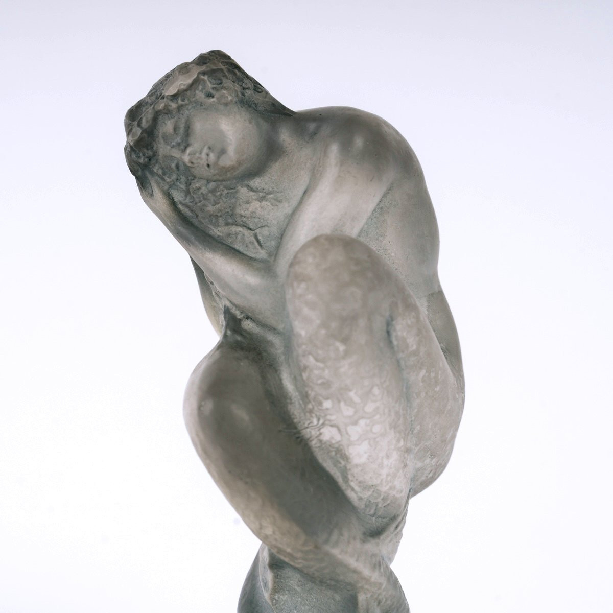 1920 René Lalique - Mascotte Automobile Statuette Sirène Verre Blanc Patiné Bleu Gris-photo-4