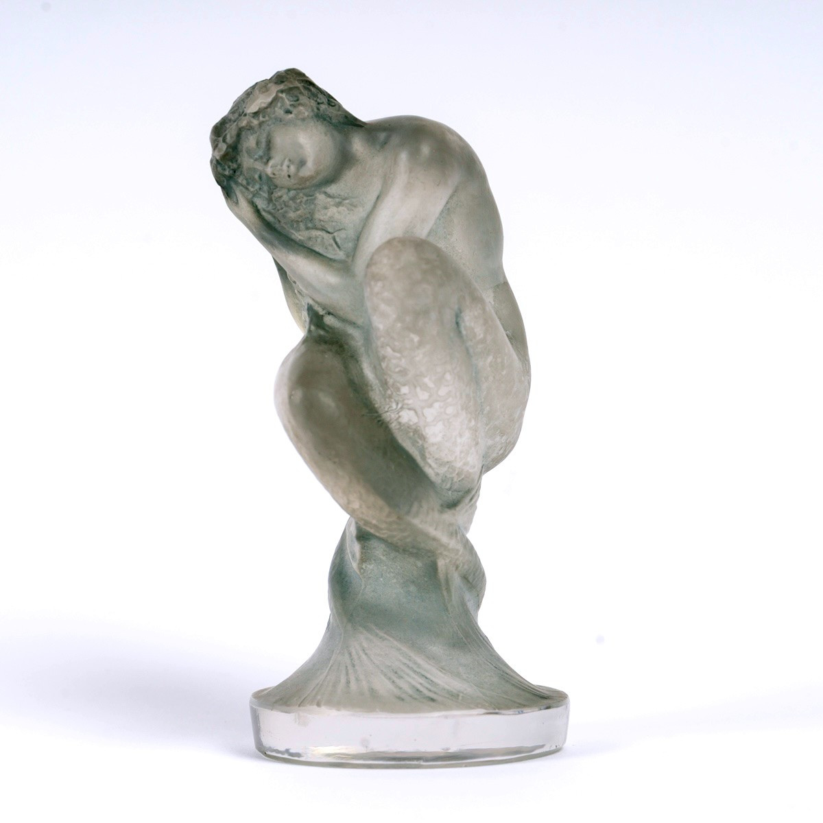 1920 René Lalique - Mascotte Automobile Statuette Sirène Verre Blanc Patiné Bleu Gris