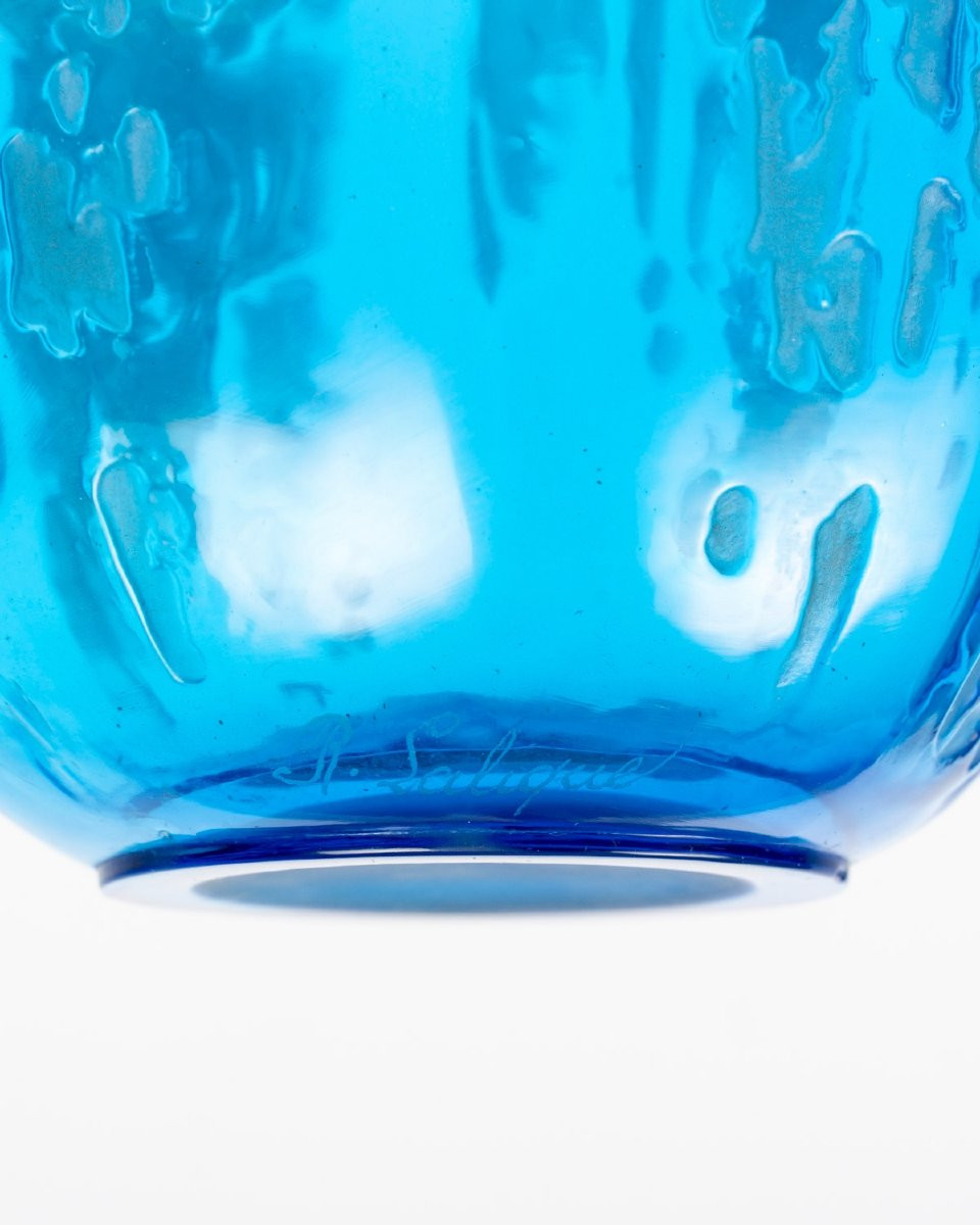 1912 René Lalique - Vase Fontaines Verre Bleu Electrique Patiné Gris-photo-2