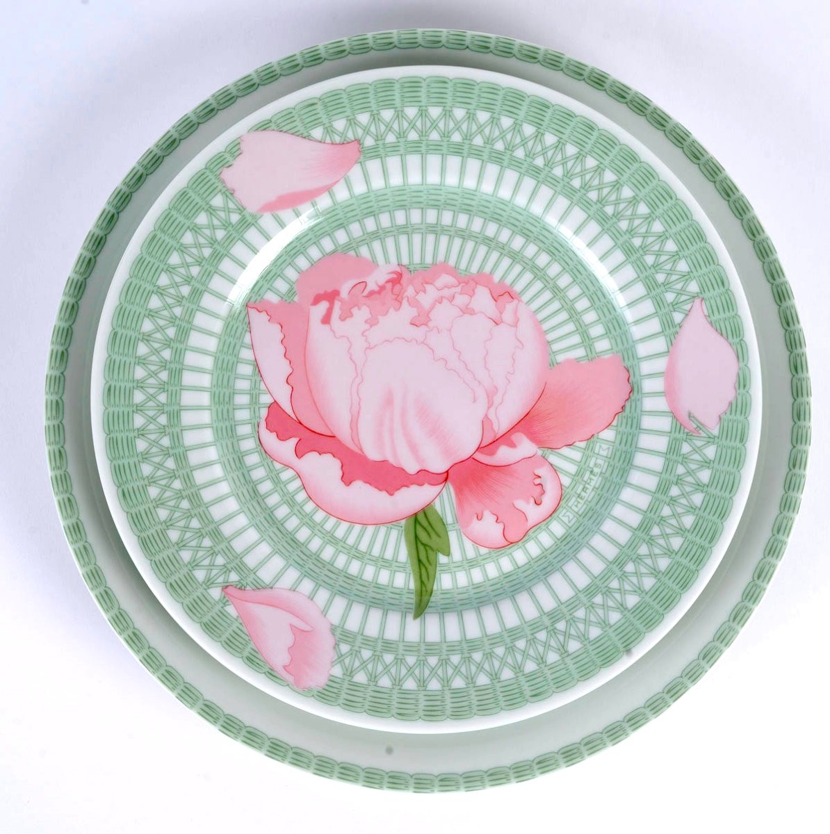 Hermès - 18 Assiettes à Dîner et 18 Assiettes à Dessert Pivoines Porcelaine-photo-2