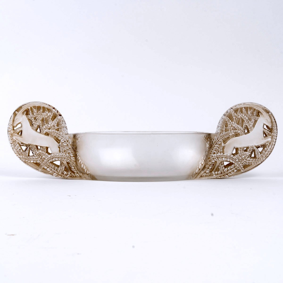 1927 René Lalique - Jardiniere Bowl Saint Hubert Bowl Glass With Sepia Patina-photo-2