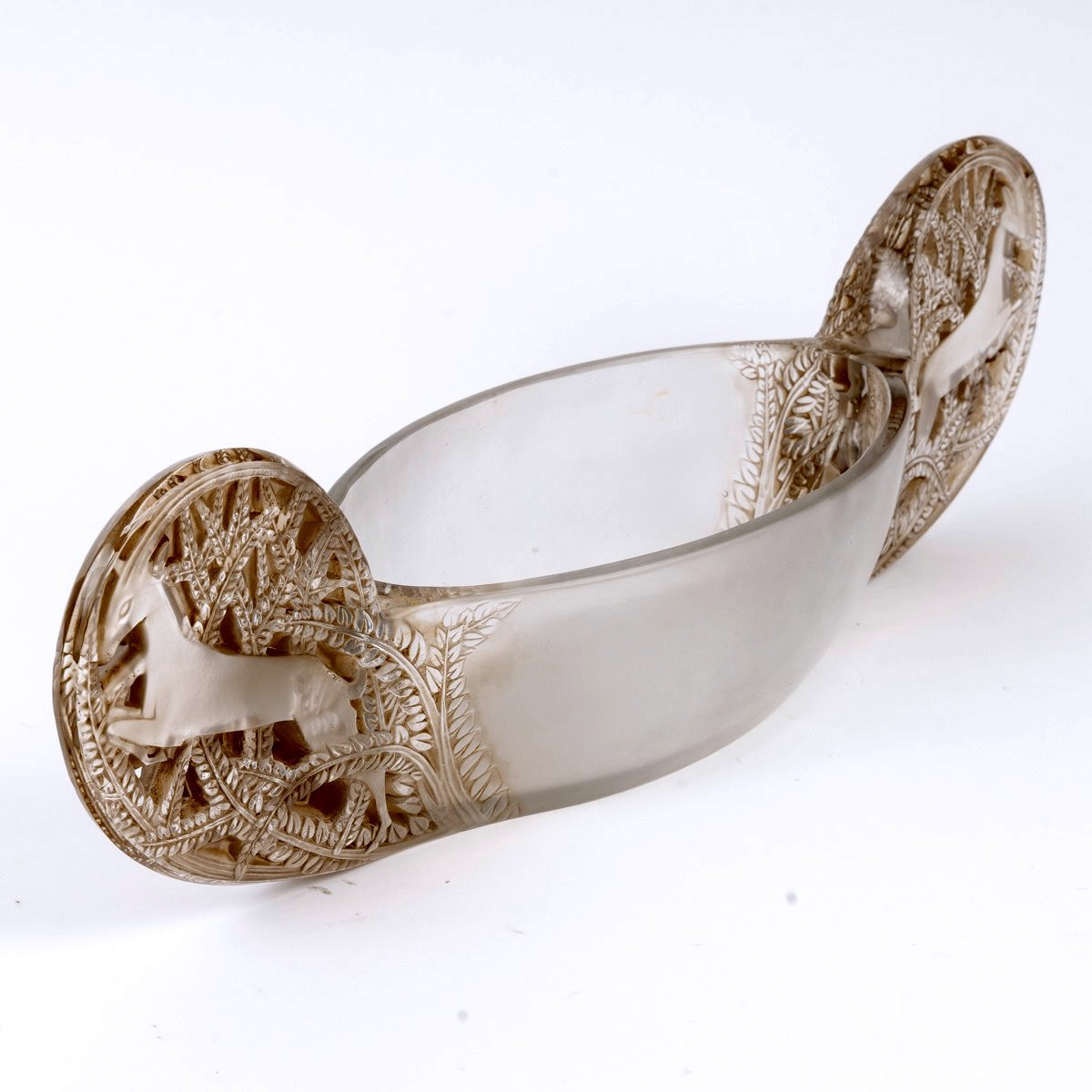 1927 René Lalique - Jardiniere Bowl Saint Hubert Bowl Glass With Sepia Patina-photo-3