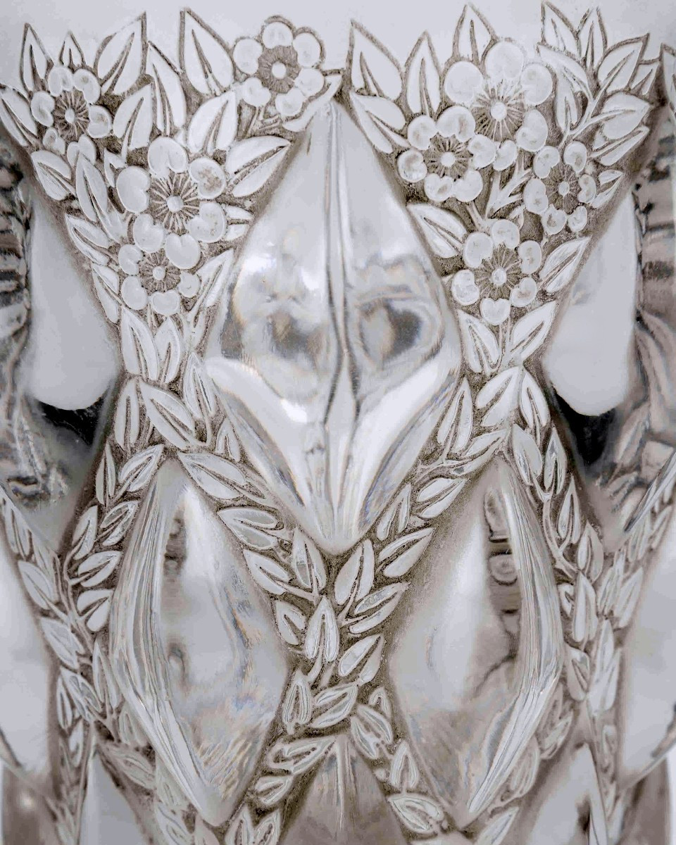 1927 René Lalique - Vase Rampillon Verre Blanc Patiné Gris-photo-4