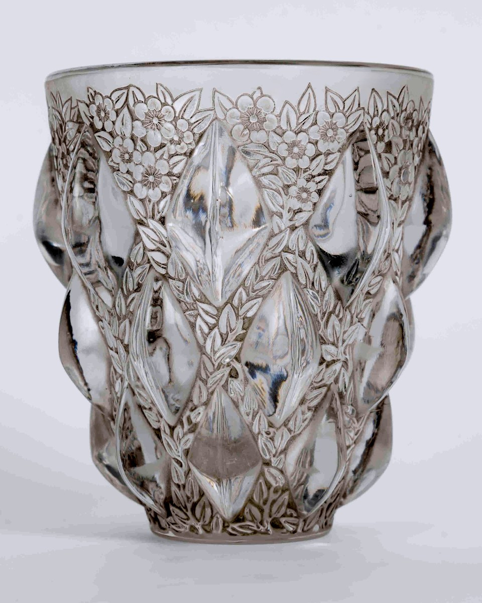 1927 René Lalique - Vase Rampillon Verre Blanc Patiné Gris