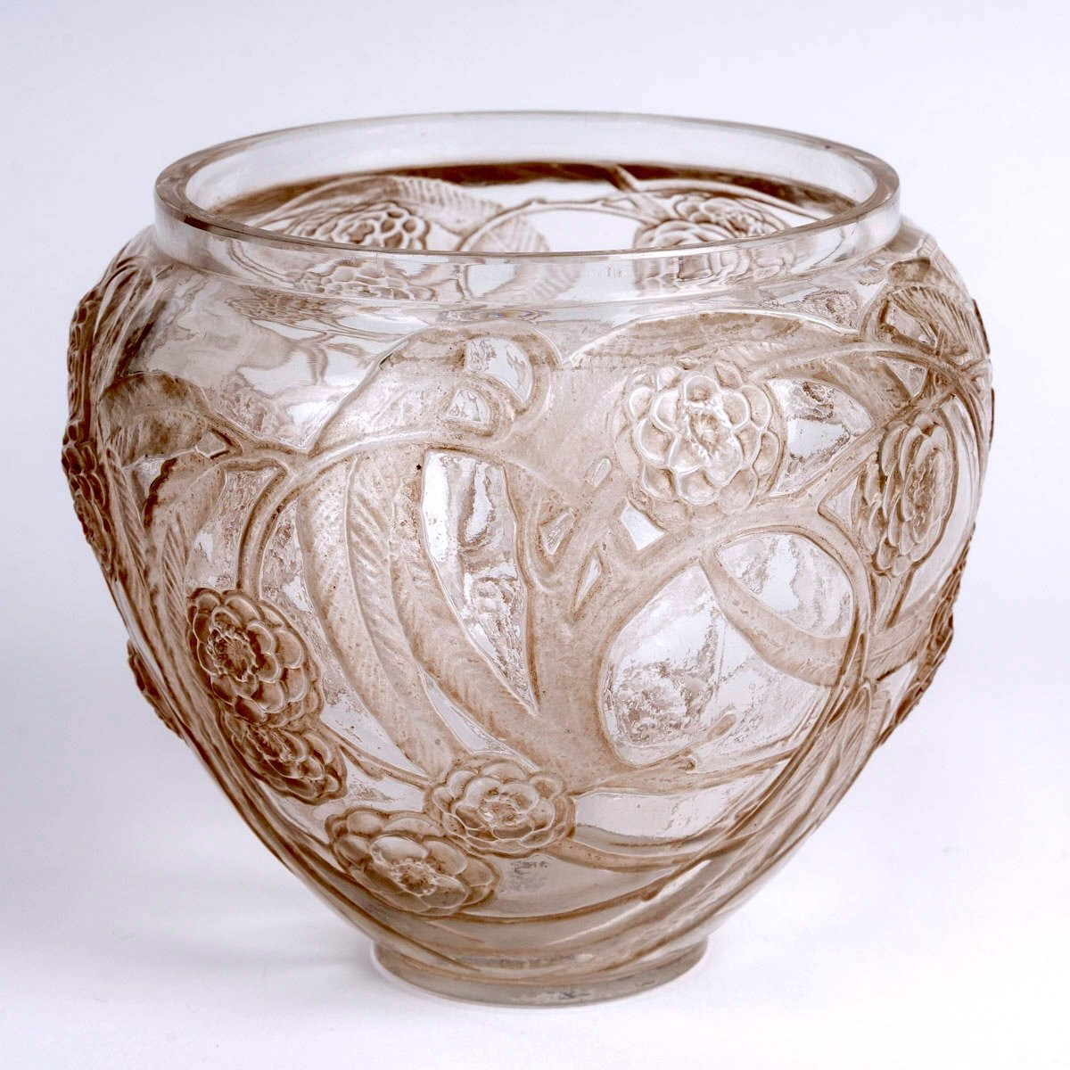 1923 René Lalique - Vase Nefliers Glass With Sepia Patina-photo-2