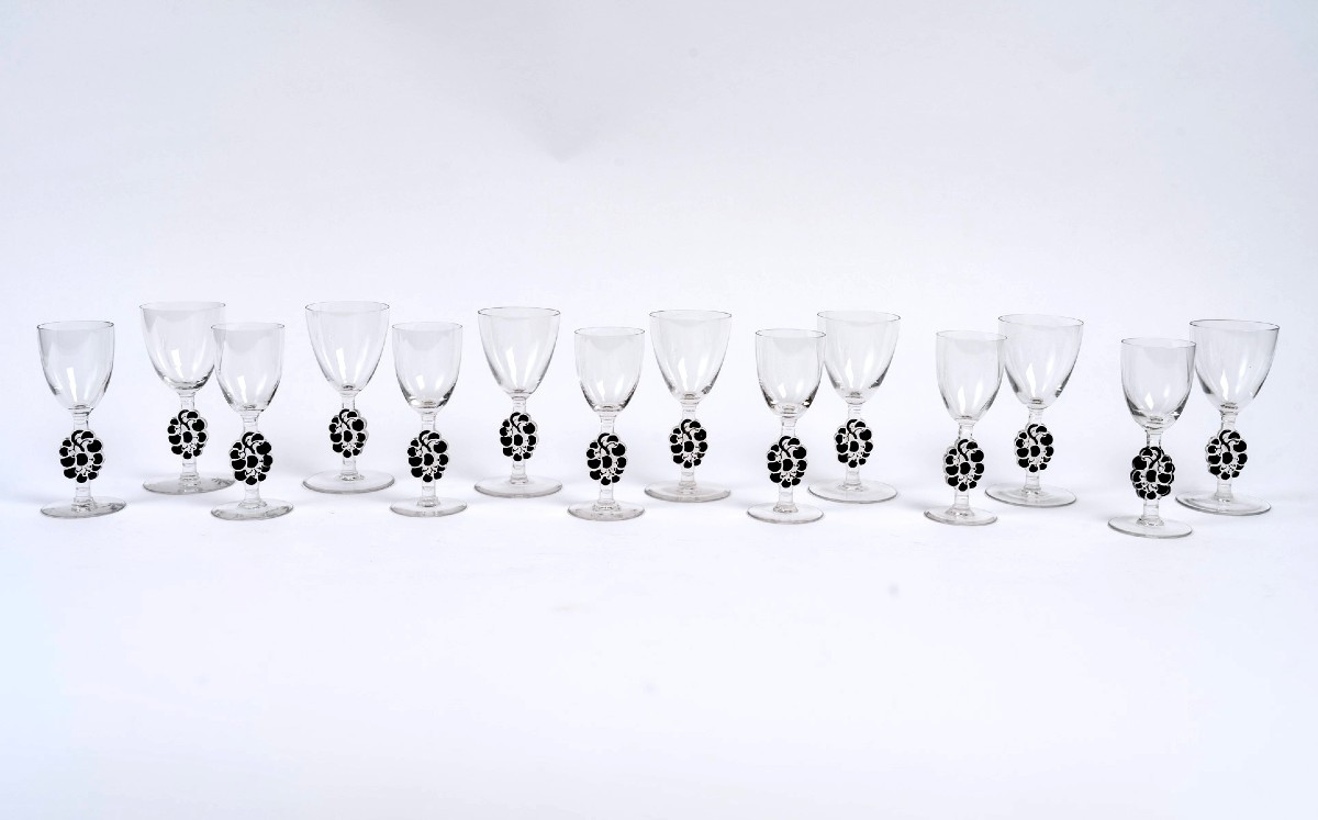 1924 René Lalique - 14 Thionville Glasses Glass With Black Enamel
