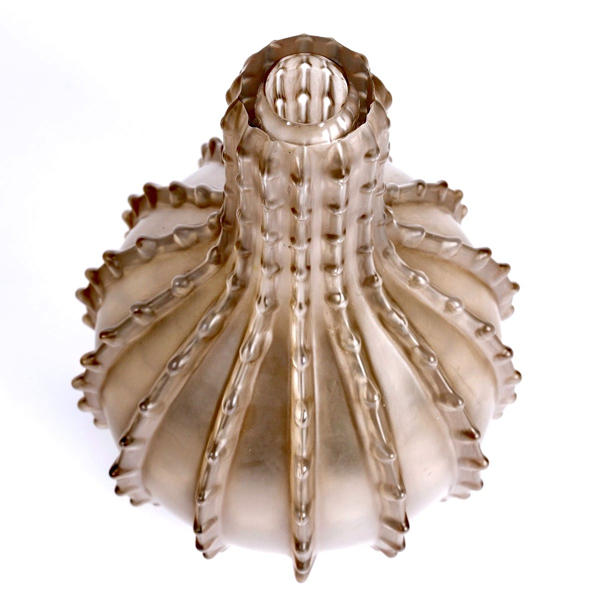 1912 René Lalique - Vase Dentelé Verre Blanc Patiné Sépia-photo-4