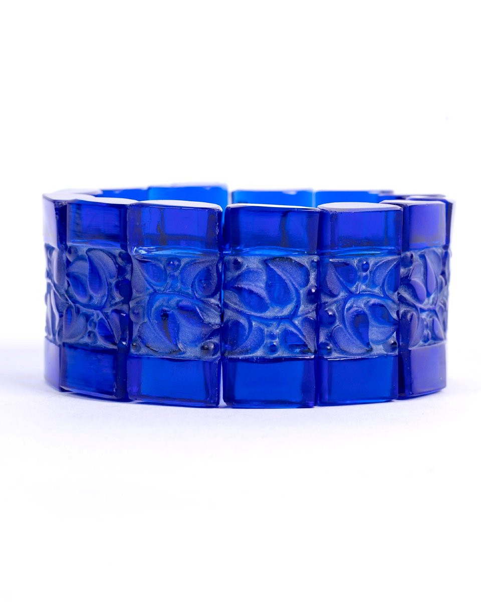 1928 René Lalique - Bracelet Cerisier Cobalt Blue Glass With White Patina-photo-2