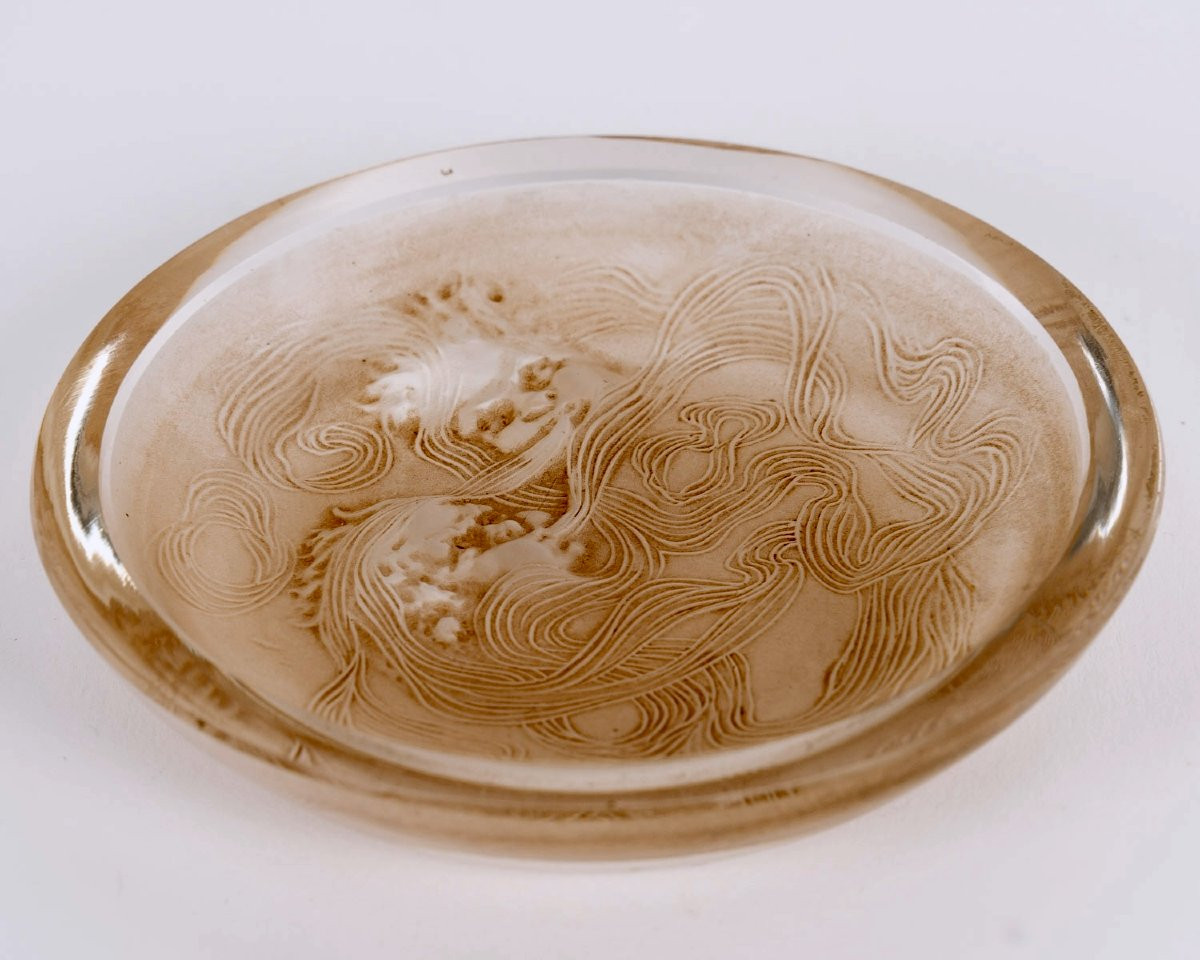 1913 René Lalique - Cendrier Deux Zéphyrs Verre Blanc Patiné Sépia-photo-2