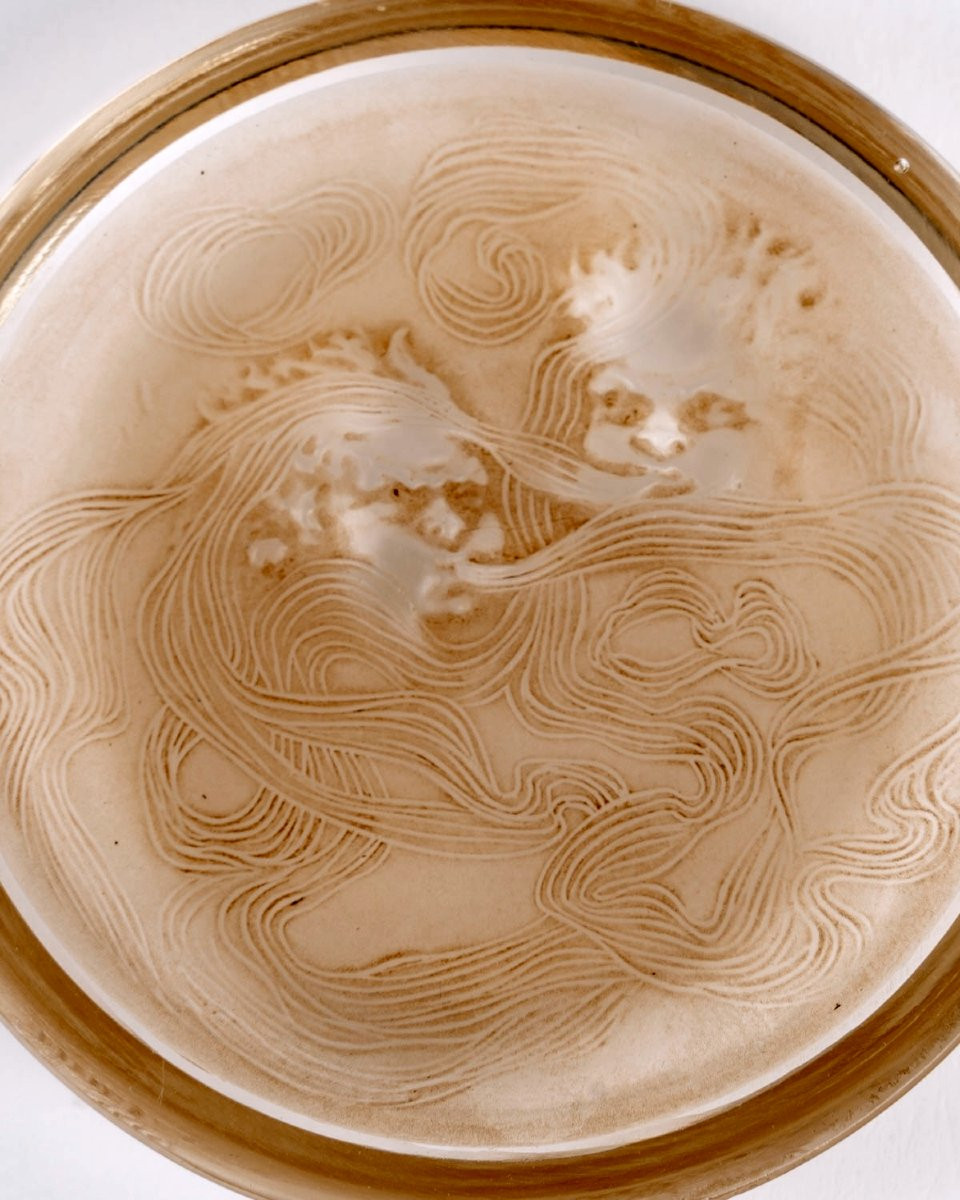 1913 René Lalique - Cendrier Deux Zéphyrs Verre Blanc Patiné Sépia-photo-3