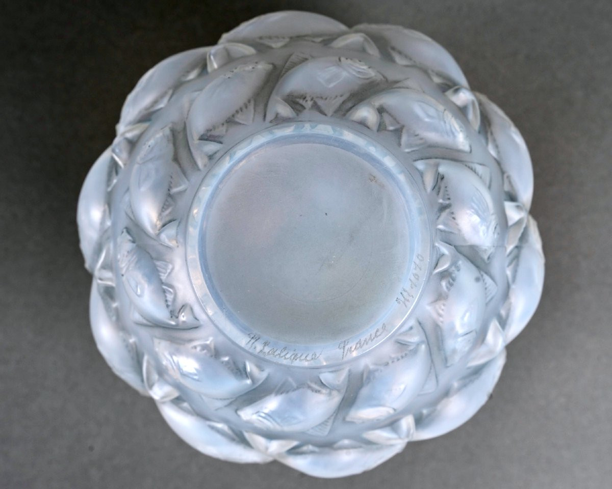 1928 René Lalique - Vase Camaret Verre Opalescent Patiné Bleu-photo-4