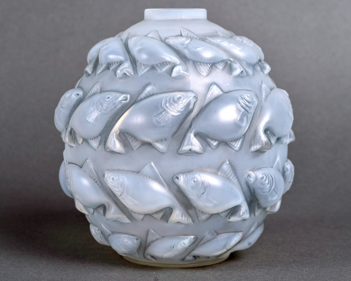 1928 René Lalique - Vase Camaret Verre Opalescent Patiné Bleu