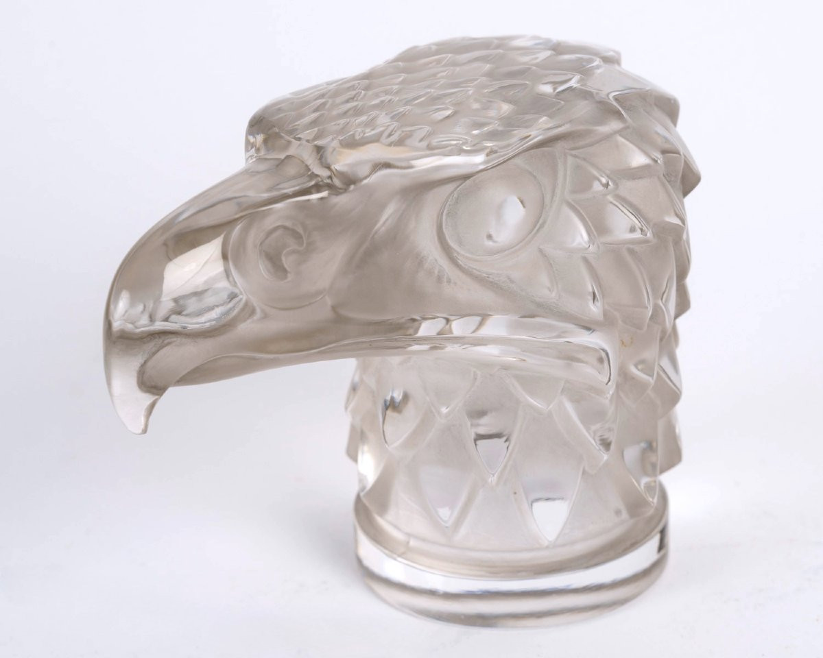 1928 René Lalique - Mascotte Automobile Tête d'Aigle Verre Blanc Patiné Gris-photo-2