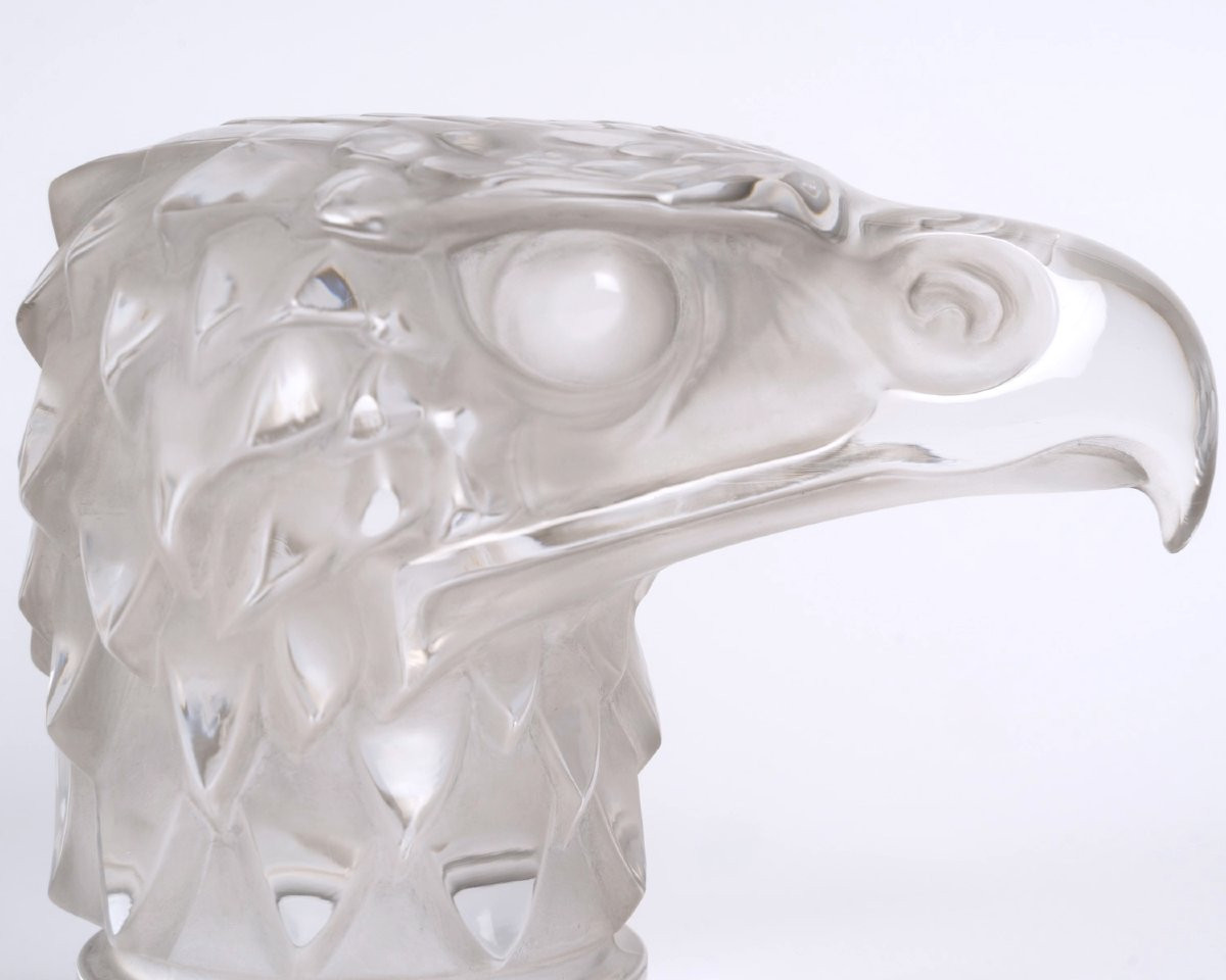 1928 René Lalique - Mascotte Automobile Tête d'Aigle Verre Blanc Patiné Gris-photo-4
