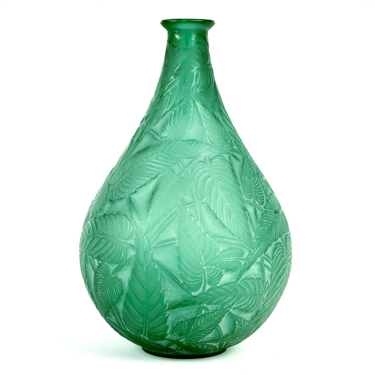 1923 René Lalique - Vase Sauges Verre Vert  Patiné Blanc-photo-3