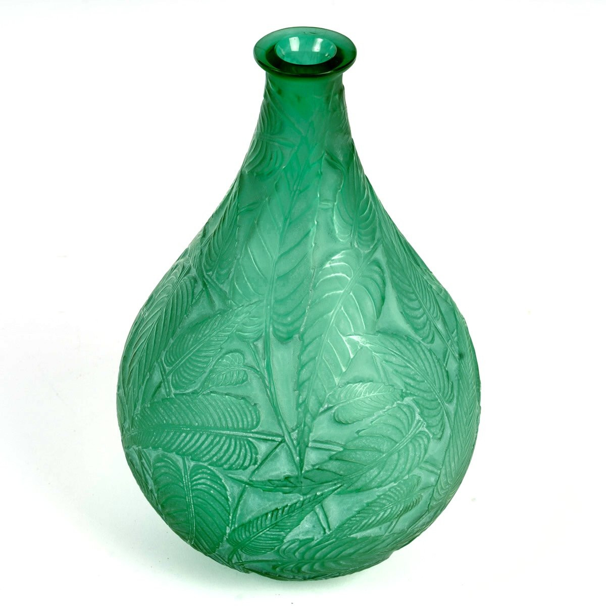 1923 René Lalique - Vase Sauges Verre Vert  Patiné Blanc-photo-4