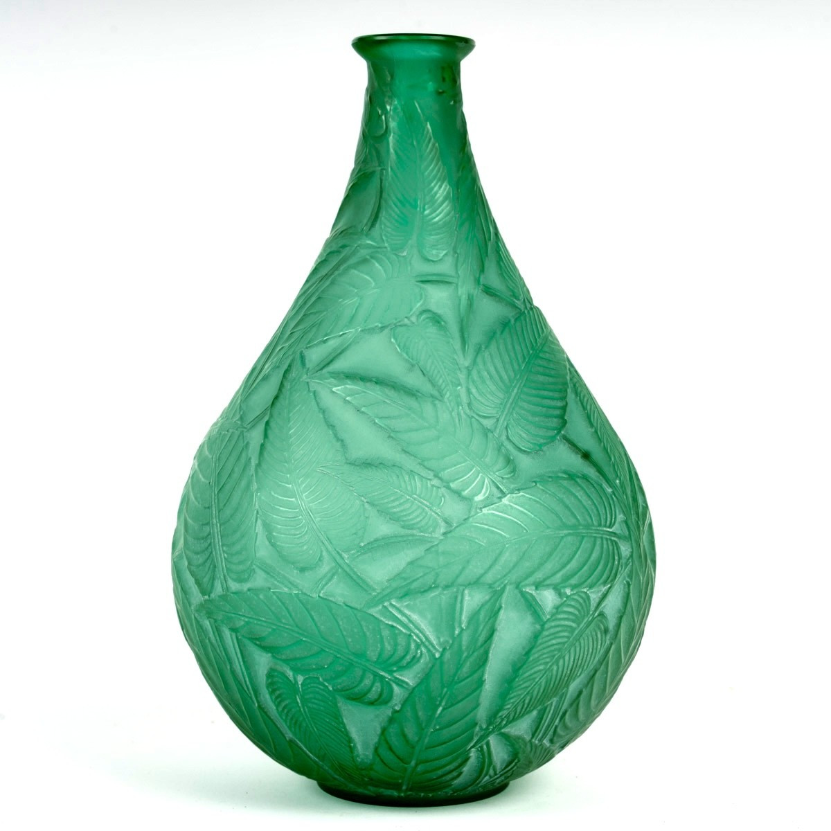 1923 René Lalique - Vase Sauges Verre Vert  Patiné Blanc