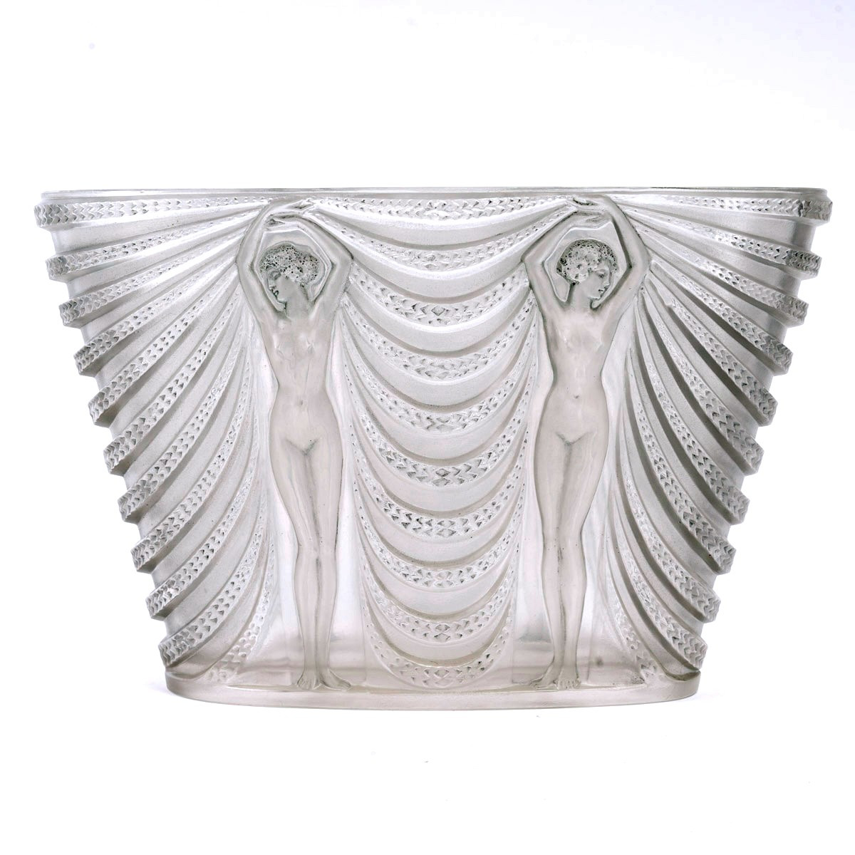 1937 René Lalique - Vase Terpsichore Verre Blanc Patiné Bleu