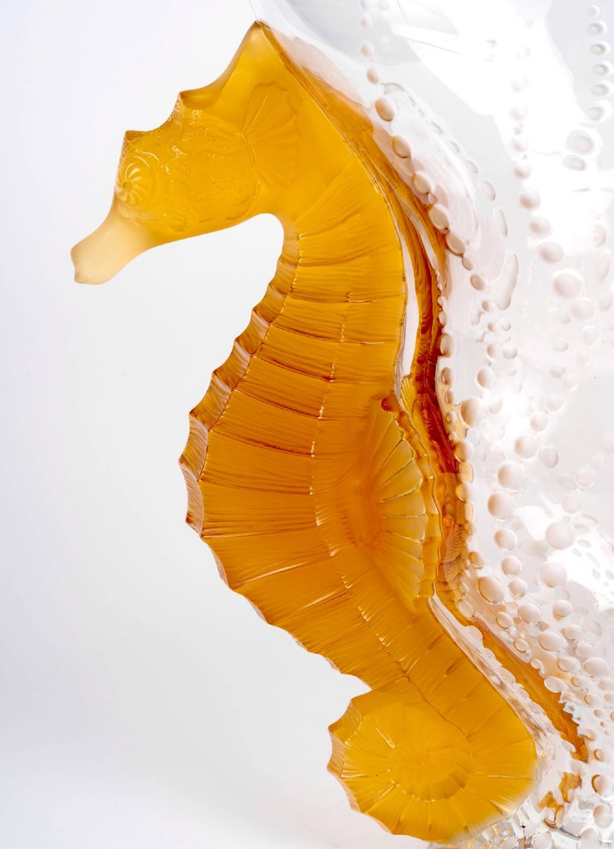 Lalique France - Vase Poseidon Clear And Orange Crystal - New - 48/99-photo-1