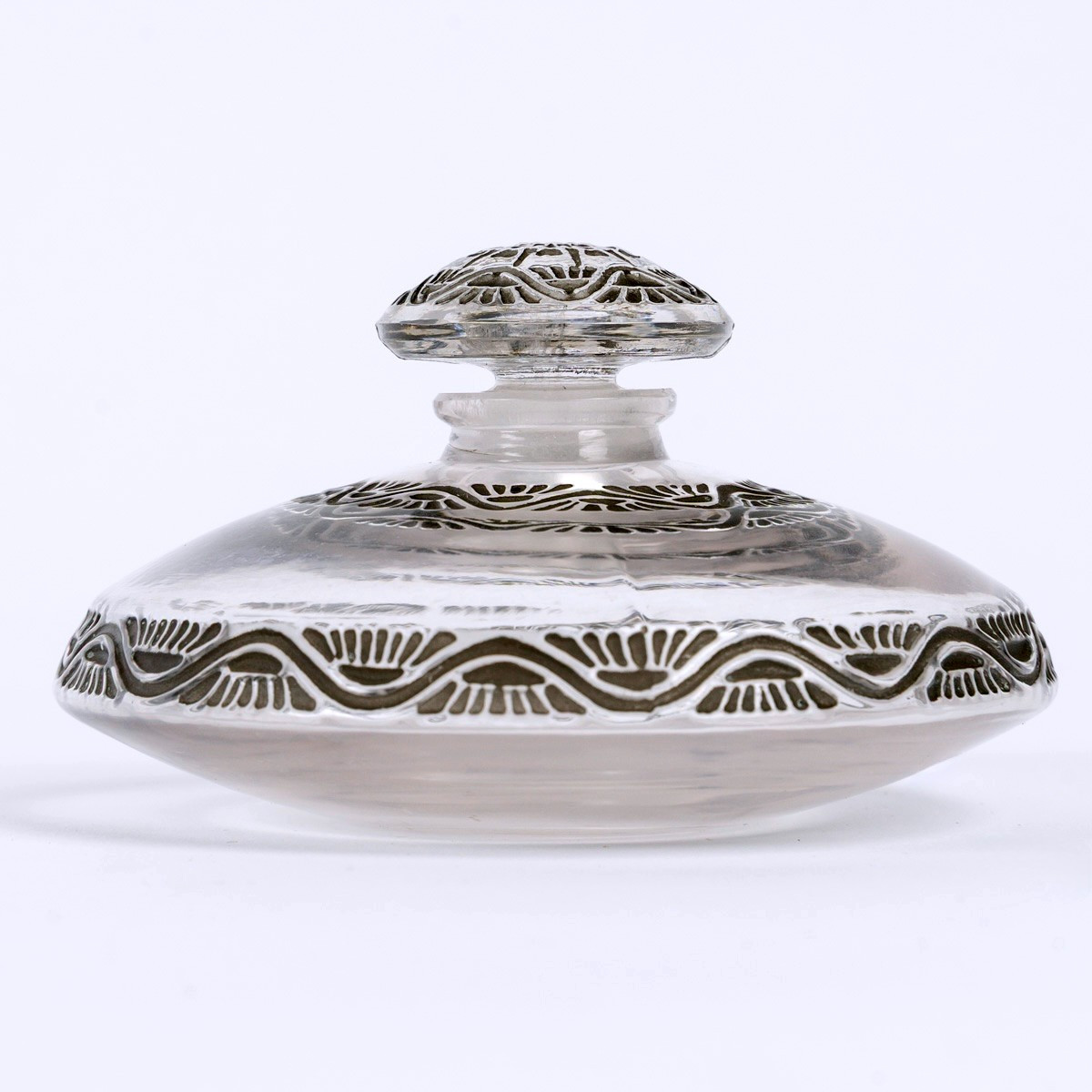 1912 René Lalique - Flacon Lentilles Verre Blanc Patiné Noir