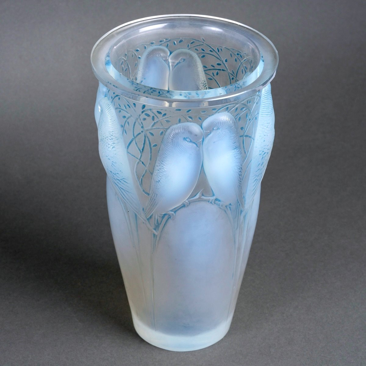 1924 René Lalique - Vase Ceylan Verre Opalescent Patiné Bleu-photo-3