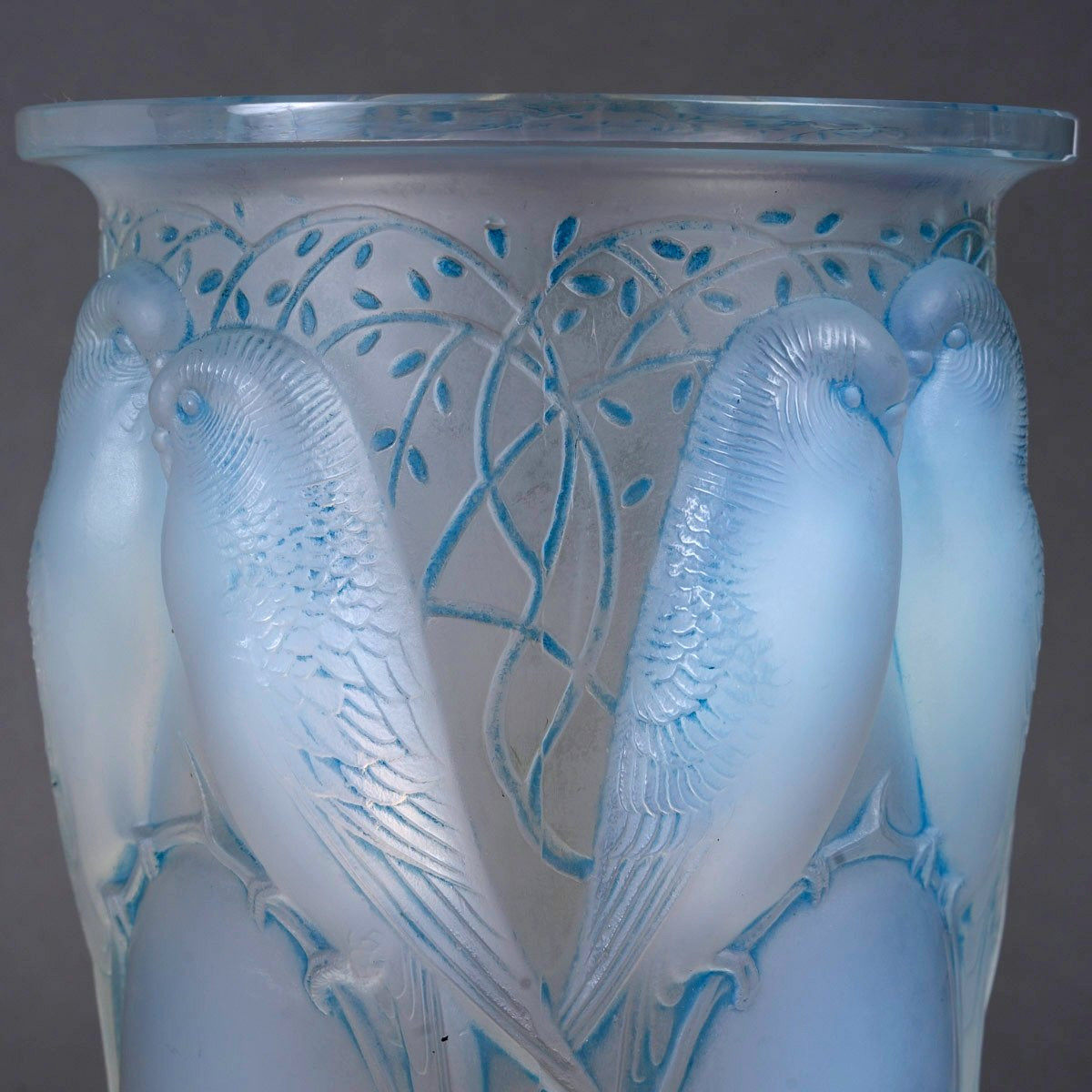 1924 René Lalique - Vase Ceylan Verre Opalescent Patiné Bleu-photo-2