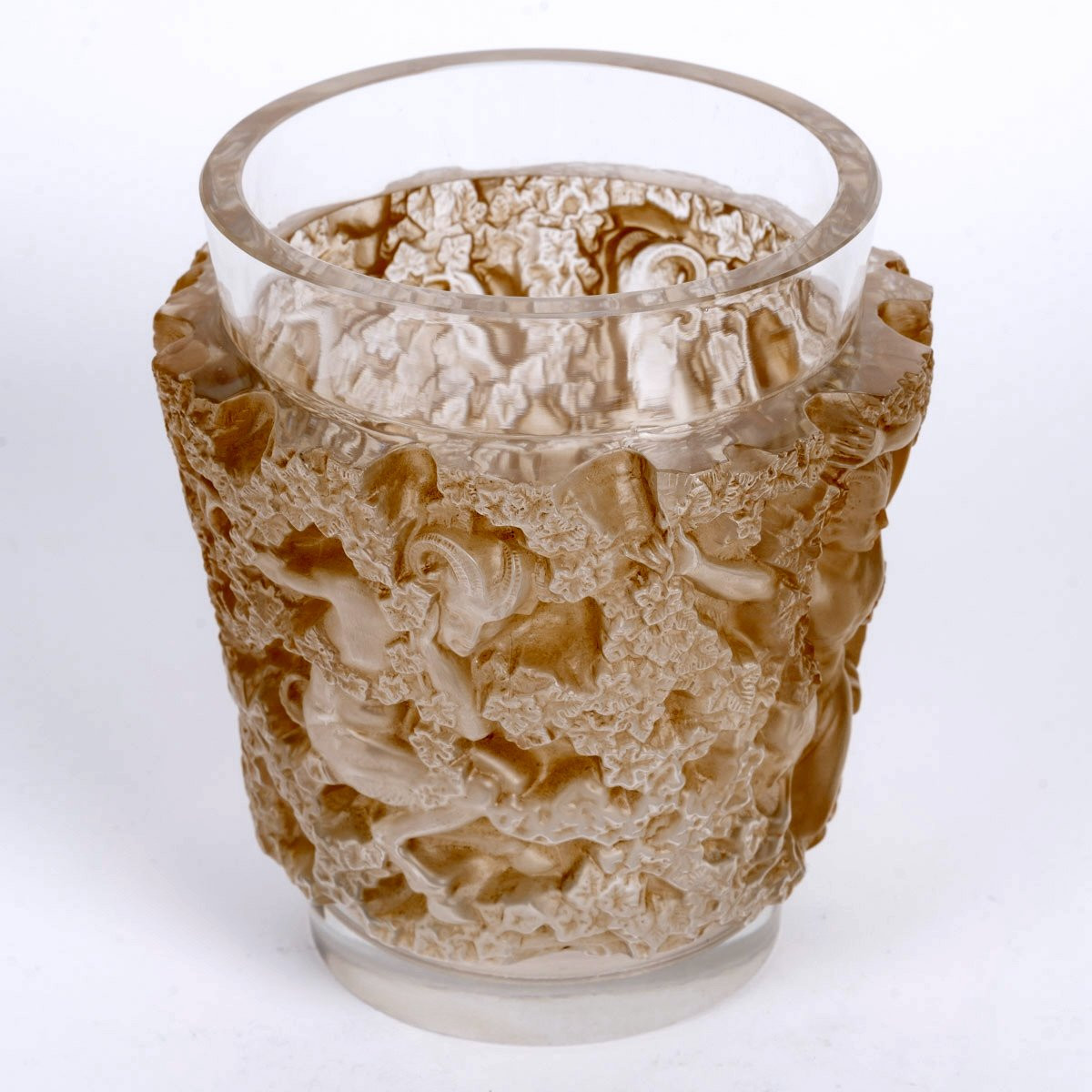 1938 René Lalique - Vase Bacchus Glass With Sepia Patina-photo-3