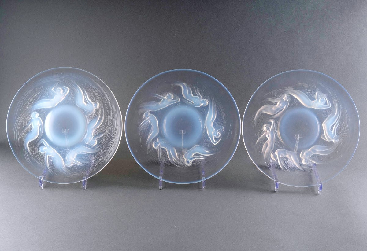 1921 René Lalique - Set Of 6 Plates Ondines Opalescent Glass-photo-2