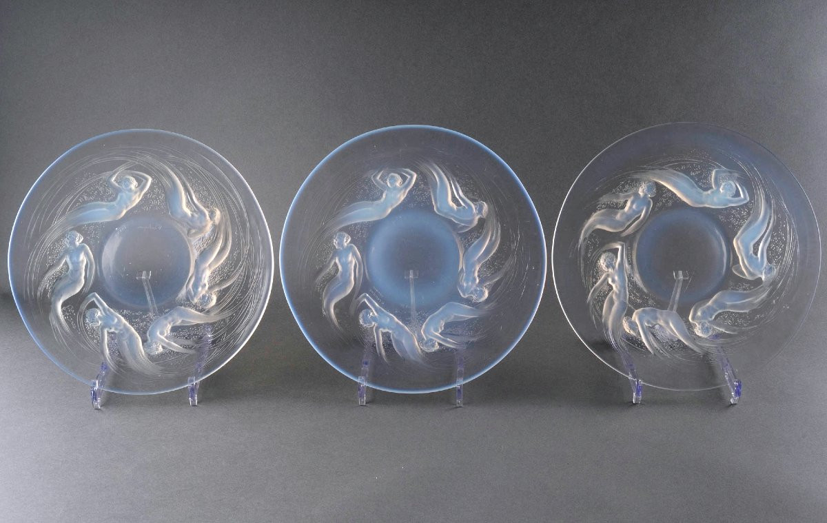 1921 René Lalique - Set Of 6 Plates Ondines Opalescent Glass-photo-3