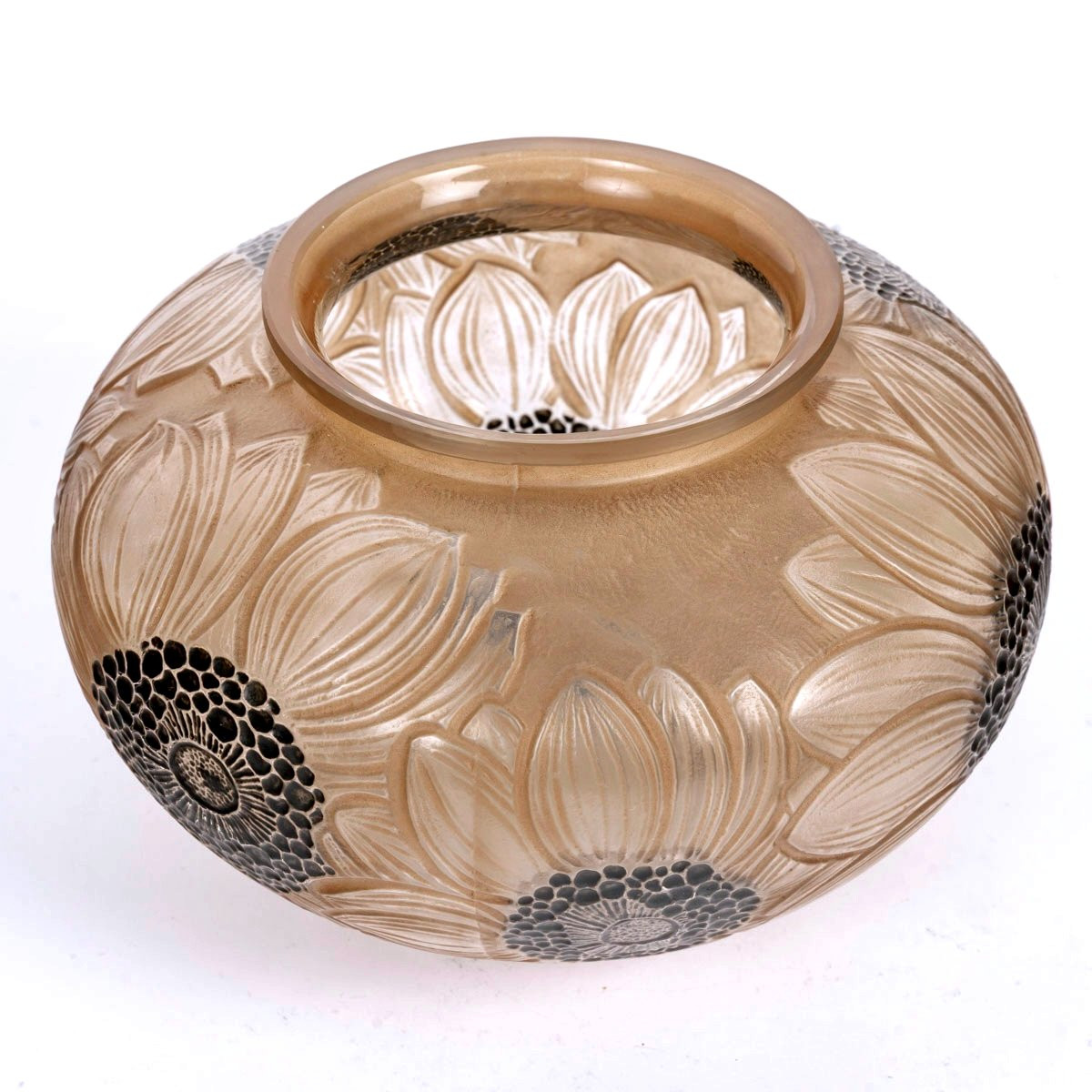 1923 René Lalique - Vase Dahlias Glass With Black Enamel And Sepia Patina-photo-2