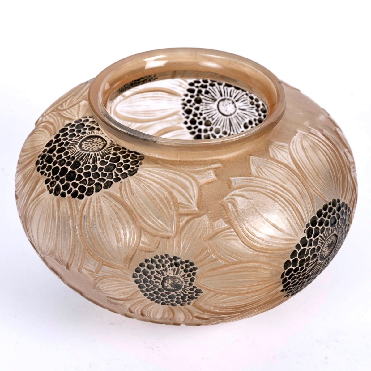 1923 René Lalique - Vase Dahlias Glass With Black Enamel And Sepia Patina-photo-3